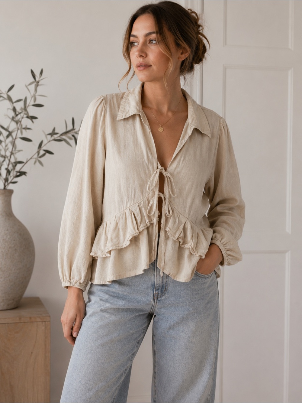Rufina Small Batch Linen Ruffle Tie-Front Top – Natural Oatmeal | S/M